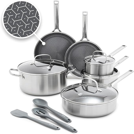 GreenPan Hybrid 13 Piece Nonstick Stainless Steel Cookware Set, APEX Tri-Ply Thermobond PFAS-Free Ceramic Pots & Pans, Induction & All Cooktop Compatible, Oven Temp to 850°F, Dishwasher Safe, Silver