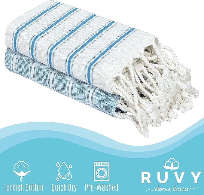 Ruvy Home Basics Turkish Hand Towels for Bathroom Set of 2 | 18"x40", Cotton | Decorative Towel for Bathroom, Kitchen, Dishcloth, Tea, Yoga, Face, Gym - Turquoise