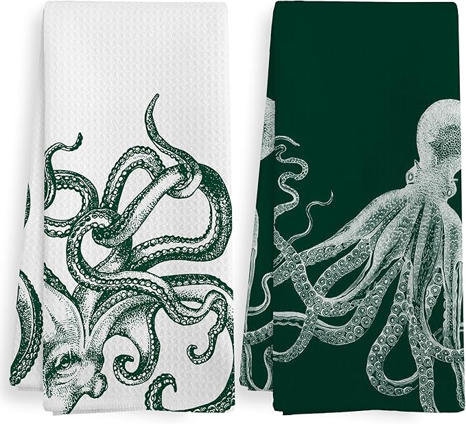 Coastal Octopus Decor Dish Hand Tea Towels for Bathroom Kitchen, Octopus Gothic Witchy Bathroom Decor, Oddities and Curiosities, Dark Green Kitchen Towels and Dishcloths Sets of 2, 16x24 Inch