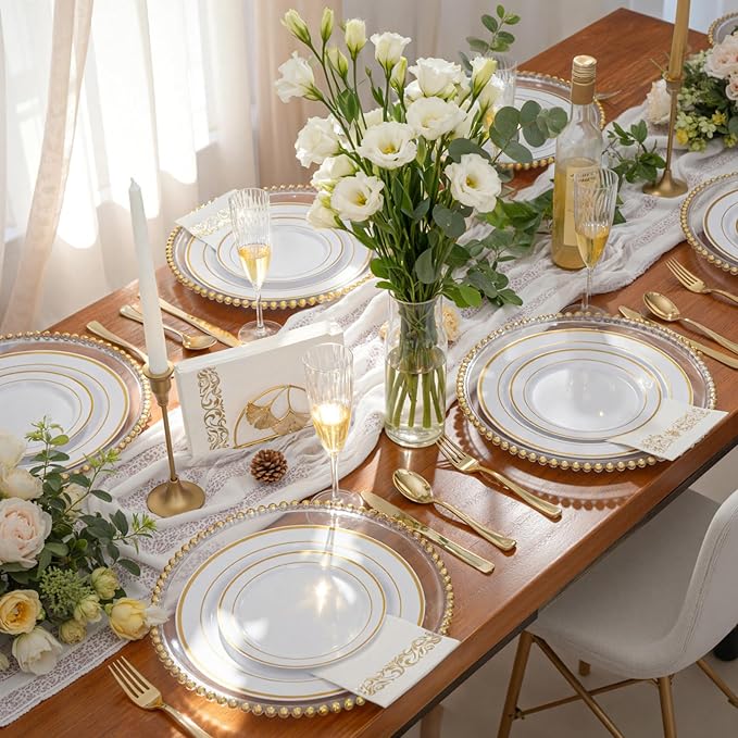 WDF300 Pieces Gold Plastic Silverware - Heavy Duty Disposable Cutlery Set Plastic Gold Silverware Set Includes 100 Forks, 100 Spoons, 100 Knives for Party/Christmas