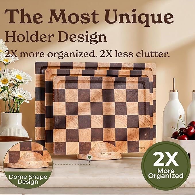 SMIRLY Wood Cutting Boards for Kitchen Wooden Chopping Board Set Reversible with Deep Juice Grooves Grip Handles, Large Charcuterie Tray for Home Kitchen, Rubber Wood, 3Pcs with Holder