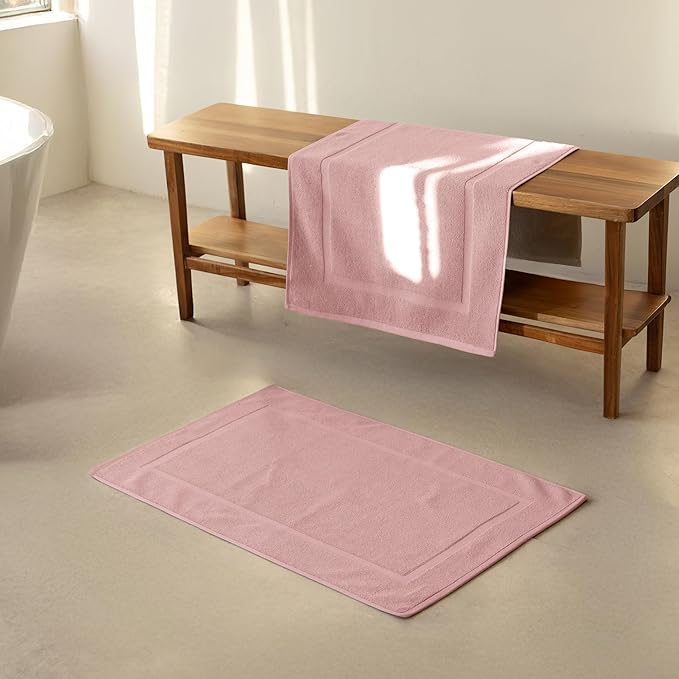 SALBAKOS 100% Turkish Cotton Bath Mat Set 2-Piece - 20x34 inch, Premium Quality Hotel & Spa Collection, Soft, Absorbent, Long Lasting, Durable Bathroom Rugs | Made in Turkey (Rose, 2 Bath Mats)