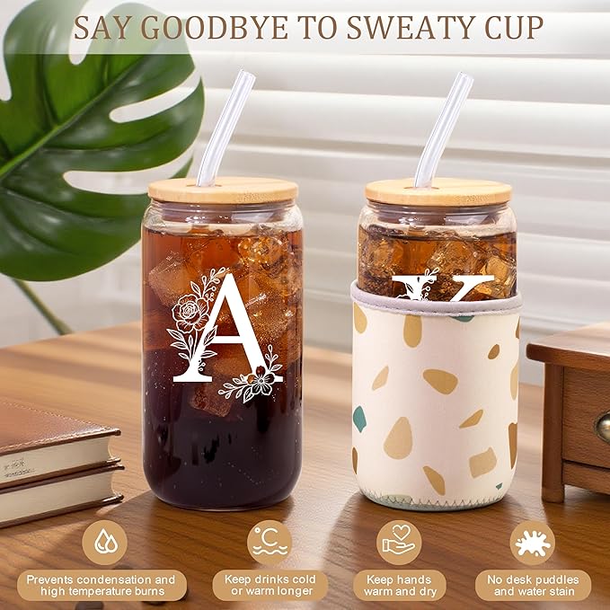 Personalized Gifts for Women, Monogrammed Gifts for Women, Initial 16 oz Glass Cups With Lids and Straws, Customized Mug, Personalized Birthday Gifts Christmas Gifts for Her Mom Friend Woman, A