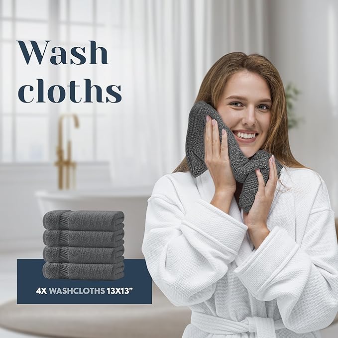 White Classic Luxury Bath Towel Set of 8 Pieces - 100% Turkish Cotton Highly Absorbent Towels for Bathroom, 2 Luxury Bath Towels 700GSM, 2 Hand Towels, 4 Washcloths, Dark Gray