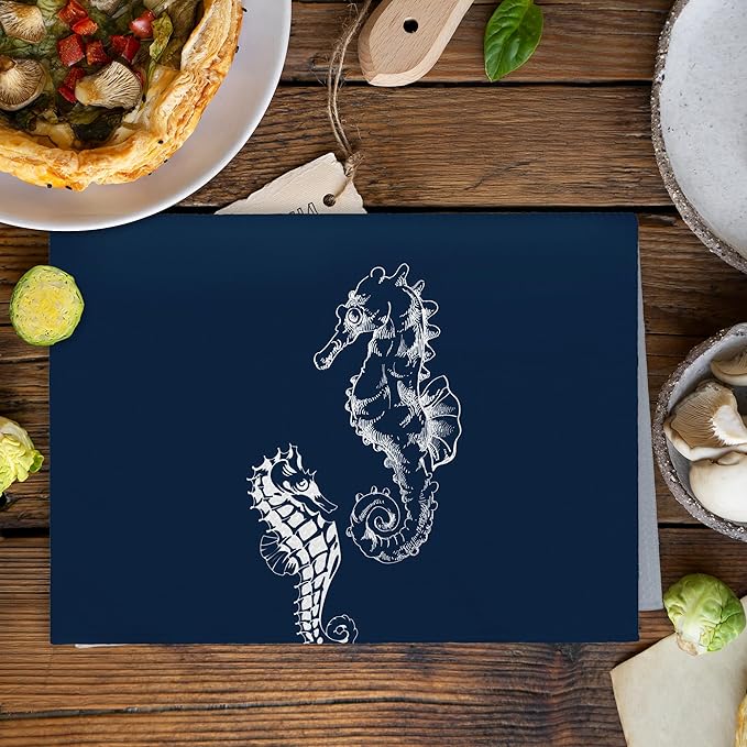 Coastal Seahorse Beach Decor Dish Hand Tea Towels for Bathroom Kitchen, Blue Seahorse Ocean Nautical Beachy Bathroom Decor, Coastal Nautical Kitchen Towels and Dishcloths Sets of 2, 16x24Inch