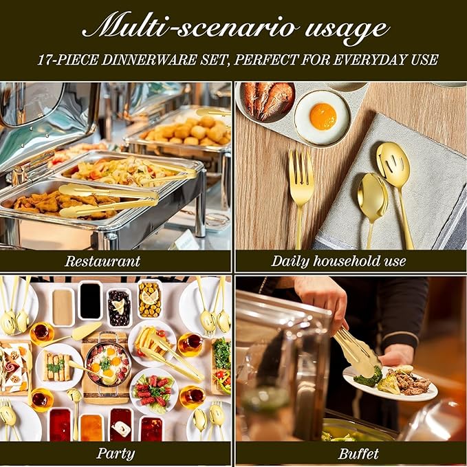 MWELLEWM 17Pcs Serving Utensils, Gold Stainless Steel Large Serving Spoons, Slotted Spoon, Fork, Tongs, Cake Pie Server, Soup Spoon, Metal Buffet Banquet Cutlery Set for Parties Entertaining Catering