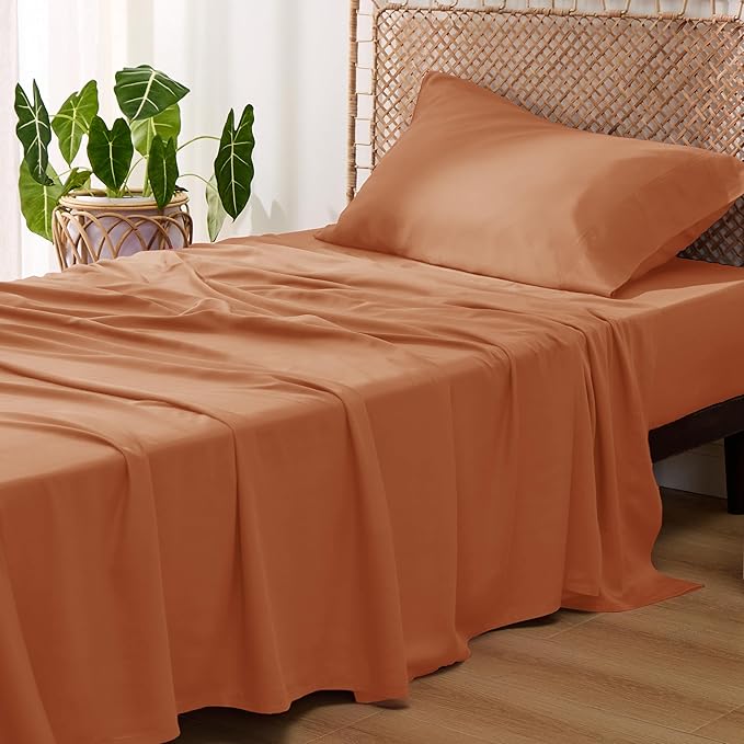 Bedsure Cooling Sheets Twin, Rayon Derived from Bamboo, Breathable & Soft Twin Sheets Set, Deep Pocket Up to 16 Inches, Hotel Luxury Silky Bedding for Hot Sleepers, Burnt Orange