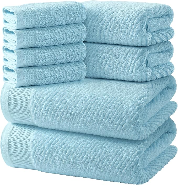 REDKISS Luxury Bath Towel Set of 8, 100% Cotton Bathroom Towels Set with 2 Bath Towels, 2 Hand Towels, 4 Washcloths, Ultra Soft Highly Absorbent Towels for Bathroom, Gym, Hotel, Spa, Blue