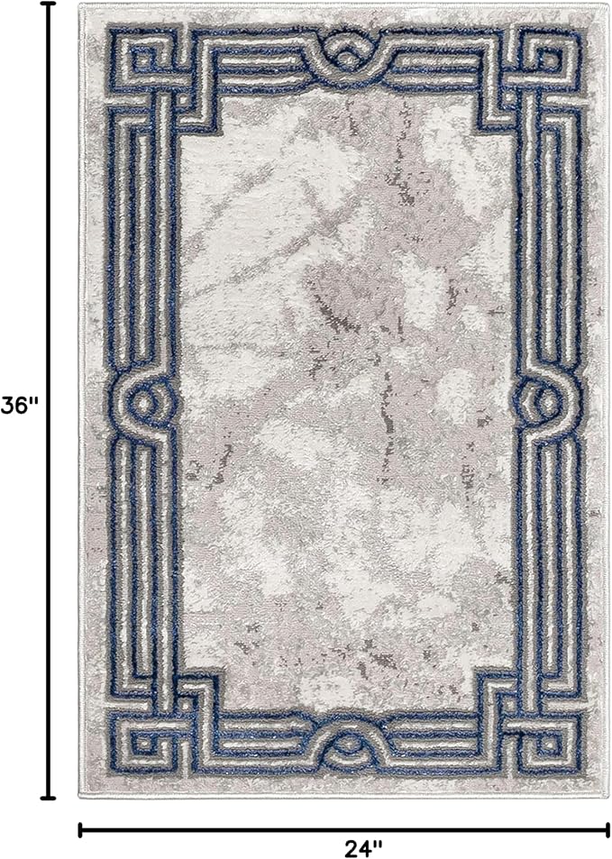 Well Woven Lezlee Abstract Modern 2' x 3' Area Rug - Blue Marble Border - for Entryway, Office, Accent