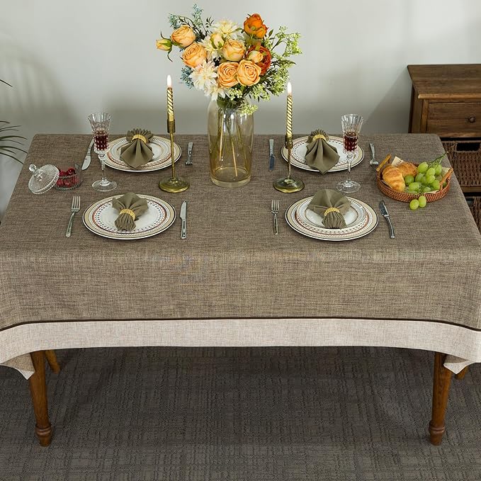 Solid Bordered Retro Tablecloths Classic Textured Table Clothes Linen Style Rustic Washable Tablecloth Rectangle/Oblong Table Cloth Cover,Kitchen Dinning Tabletop Decoration Flax 55x84 Inch