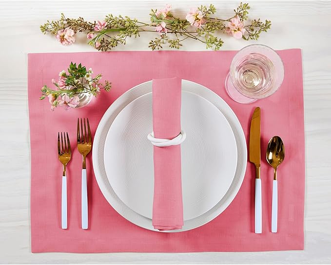 Solino Home Linen Cloth Placemats Set of 4 - 100% Pure Linen Pink Carnation Placemats 14 x 19 Inch for Valentines - Fete