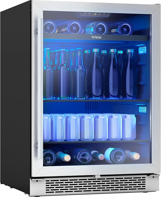 Zephyr Brisas 24 Inch Wine Fridge Single Zone Under Counter - Beverage and Wine Cooler Drink Refrigerator for Home with Glass Door 8 Bottles 112 cans