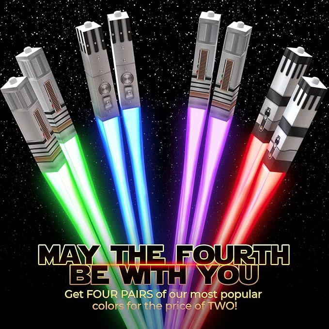 LIGHTSABER CHOPSTICKS LIGHT UP STAR WAR CHOPSTICK LED Glowing Light Saber Chop Sticks REUSABLE Sushi Sabers Cool Fun Geeky STARWAR Chop Stick Set Darth Red Green Blue Purple | 4 Pairs CASE GIFT BOX