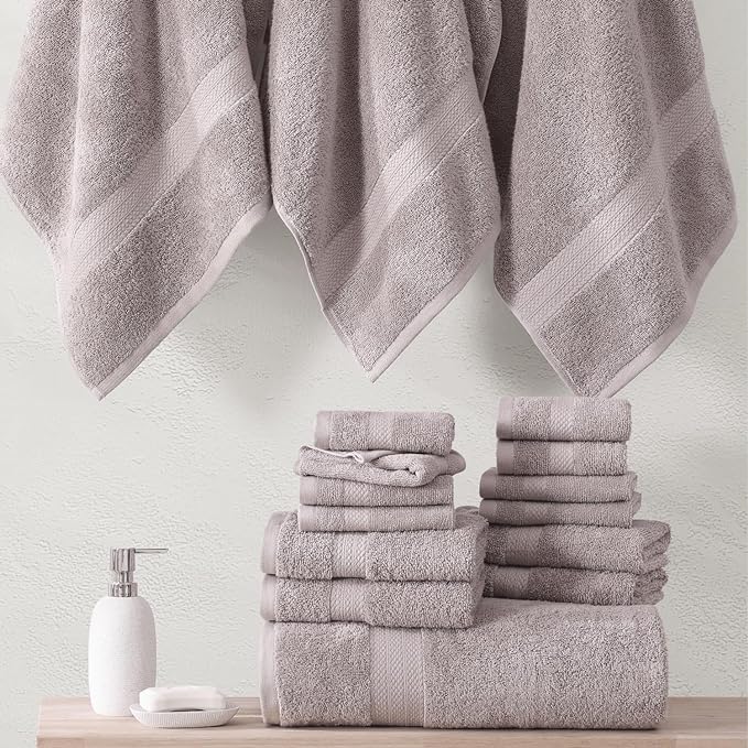 LANE LINEN Ring Spun Cotton Bath Towel Set, 18PCs - 4 Shower Towels, 8 Washcloths, 6 Hand Towels for Bathroom - Machine Washable & Sustainably Produced, Ultra Soft - Platinum