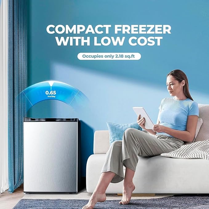 2.2 Cu.ft Upright Freezer, Small Mini Freezer with Adjustable Thermostat, Removable Shelves, Reversible Single Door, for Bedroom/Home/Dorms/Apartment (Stainless Steel)