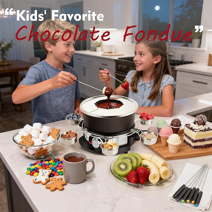 Cusimax 1300W Electric Fondue Set,2L Non-stick Pot Ideal for Melting Cheese,Chocolate,Oil,or Broth,Includes 8 Forks, 6 Food Cups,Removable Handle,and Measuring Cup for Enjoying Fondue Pot Parties