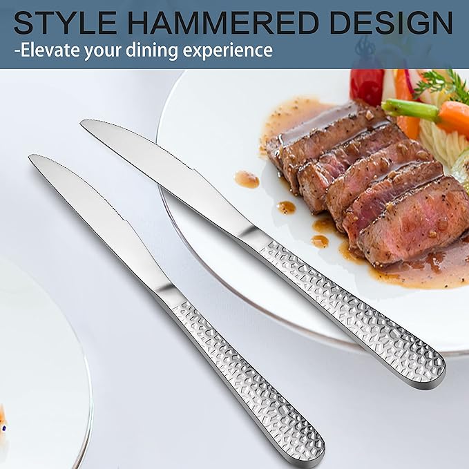 E-far Dinner Knives Set of 12, Stainless Steel Hammered Serrated Table Knife for Home Kitchen Restaurant, Mirror Polished & Dishwasher safe-8.9 Inches