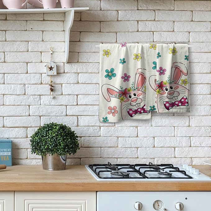 Imiss Funny Bunny Hand Towels Set of 2 - Cute Rabbit Colorful Floral Bathroom Towels 14.4 x 28.3 Inch Easter Decorative Hand Tea Dish Cloth for Kitchen Gym Spa Hotel