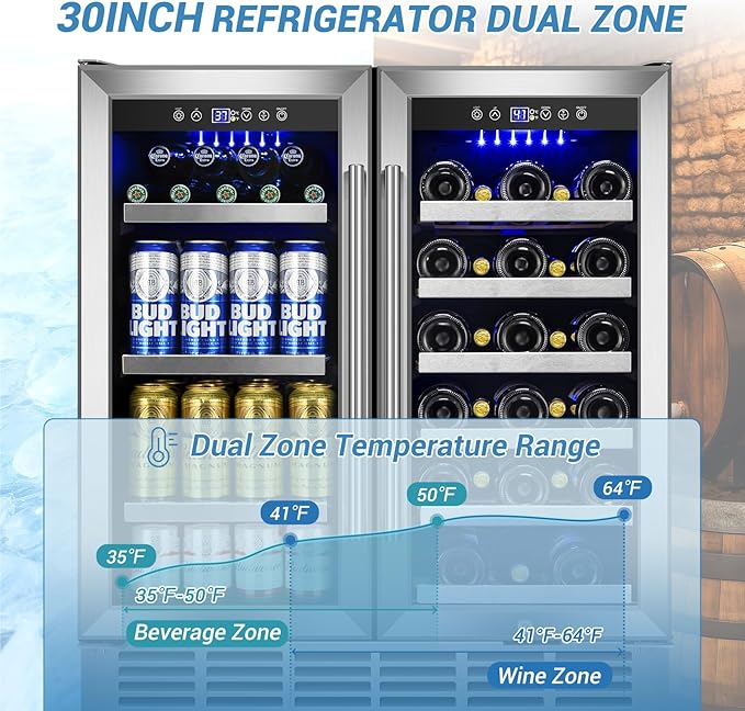 30Inch Wine and Beverage Refrigerator - Dual Zone Beverage Cooler Under Counter, Holds Up to 30 Bottles & 90 Cans Drink and Beer Fridge Built-In for Home Kitchen Bar and Office