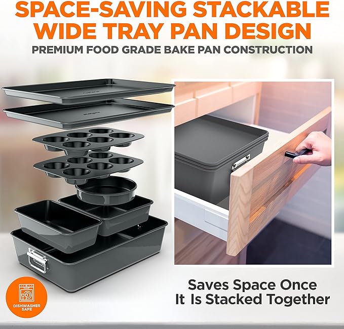 NutriChef 8-Piece Nonstick Stackable Bakeware Set - PFOA, PFOS, PTFE Free Baking Pans Set w/Non-Stick Coating, 450°F Oven Safe, Round Cake, Loaf, Muffin, Wide/Square Pans, Cookie Sheet (Gray)