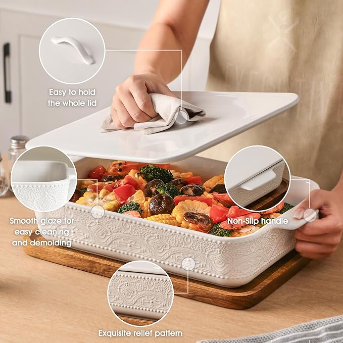 Casserole Dish with Lid, Ceramic 9x13 Casserole Dish for Oven, Rectangular Bakeware, Large Baking Dish with Handles for Holiday Cooking, Roasting, Baking, Oven & Microwave Safe (White)