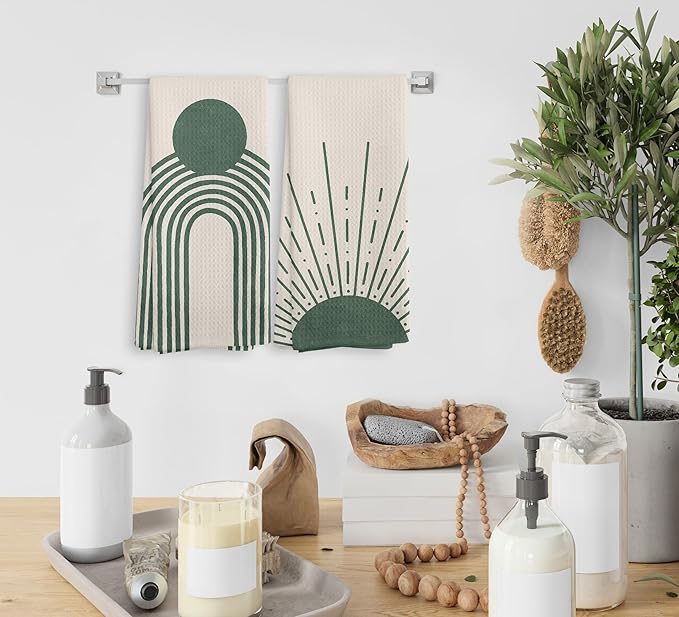 Beige Green Sunrise Moon Rainbow Kitchen Towels and Dishcloths Sets of 2, Bohemian Decorative Towels, Abstract Arch Drying Cloth Hand Towels for Bohemian Bathroom Kitchen Decor, 16×24 Inches