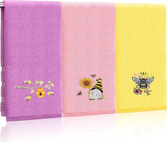3 Pcs Bee Hand Towels for Bathroom 14 x 29 Inch Cotton Purple Pink Yellow Hand Towels for Bathroom Bee Bath Towel Bees Kitchen Towel Set Drying Cleaning Cooking Gift for Spring Summer