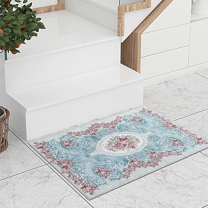 Easy-Going Floral Area Rug 3x5 Entryway Rug Washable Inside Door Mats for Home Entrance Non-Slip Retro Flowers Small Rugs for Entry Living Room Bedroom Kitchen Bathroom Lightweight Carpet, Teal Red