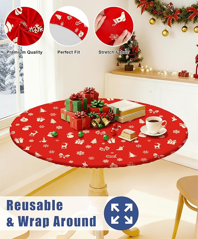 Round Spandex Christmas Tablecloth, Elastic Fitted Waterproof Tablecloths for 36"-44" Tables, Stretch Washable Picnic Table Cover for Christmas Dinner, Box Snowflake