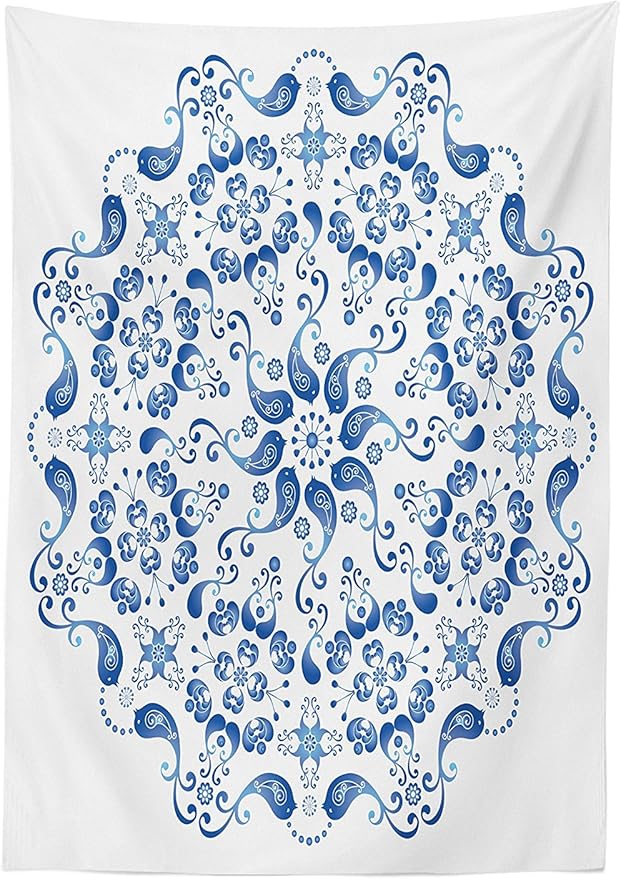 Ambesonne Mandala Tablecloth, Eastern Ottoman Mosaic Ceramic Style Round Shape with Birds Baroque Image, Rectangular Table Cover for Dining Room Kitchen Decor, 60" X 90", White Blue