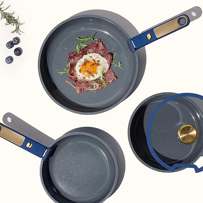 CAROTE Blue&Gold Ceramic Cookware Set Non Toxic, PFAS Free,15Pcs Pots and Pans Set Non Stick Detachable/Removable Handle,Kitchen Cooking Set Dishwasher Safe, Nonstick Pot and Pan, Induction Cookware