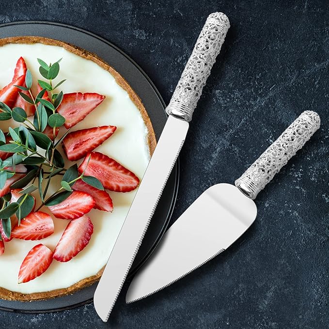 Wedding Silver Cake Knife and Server Set - 2 Pcs Dessert Set Metal Handle with Crystal Stones Decoration for Wedding, Anniversary Party Birthday Banquets,Gifts for Bride and Groom