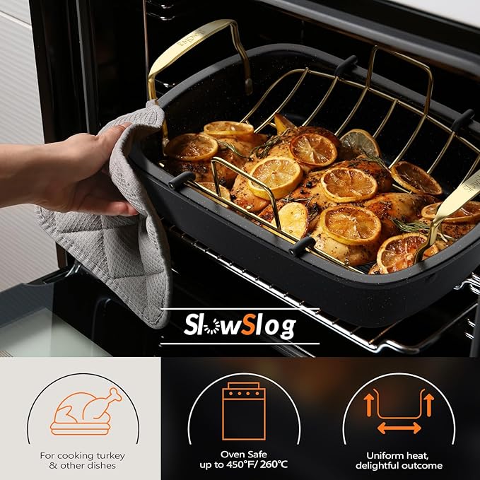 Roasting Pan, 17 Inch x 13 Inch Roaster with Removable Rack, Nonstick Roaster Pan for Roasting Turkey, Meat & Vegetables (Gold)