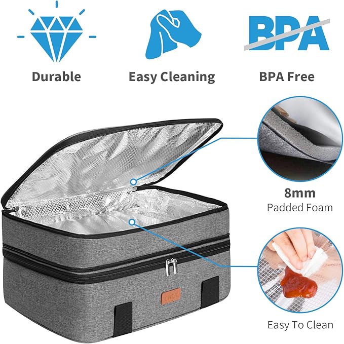 LHZK Insulated Casserole Carrier - Expandable Holder Tote for Hot or Cold Food, Fits 11 x 15 or 9 x 13 Baking Dishes - For Potlucks, Picnics, Beach (Grey)