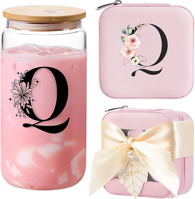 AYGXU personalized jewelry box,iced coffee glass,bridesmaid gifts,gifts for women,aesthetic cups,Travel Gifts for Teacher,best teacher appreciation gifts,Initial Q pink