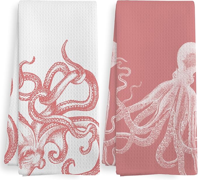 Coastal Pink Octopus Beach Decor Dish Hand Tea Towels for Bathroom Kitchen, Girly Octopus Ocean Nautical Beachy Bathroom Decor, Coastal Kitchen Towels and Dishcloths Sets of 2, 16x24 Inch