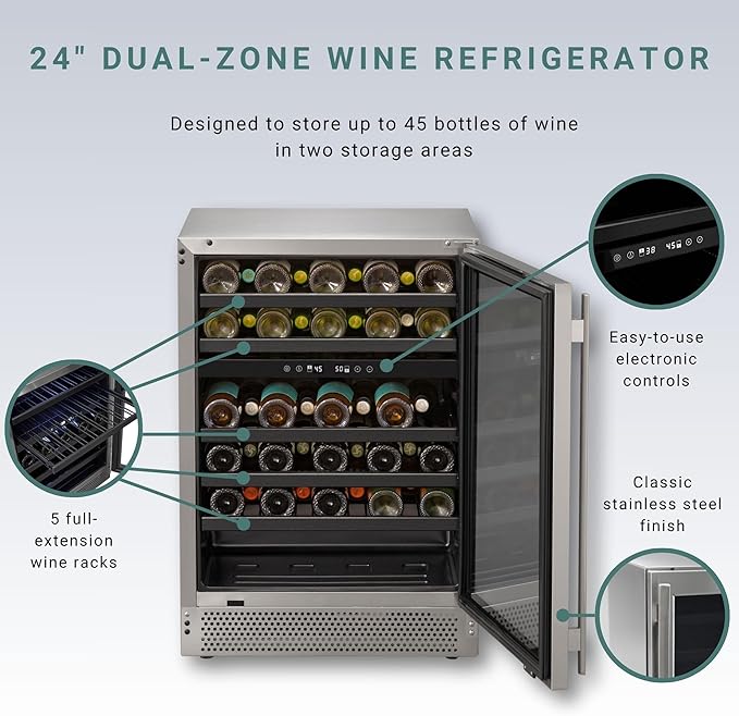 Marvel Northland Collection 24” Dual Zone Undercounter Wine Refrigerator, 5 Full-Extension Wine Racks, Stores up to 45 Bottles of Wine, Indoor/Outdoor Rated