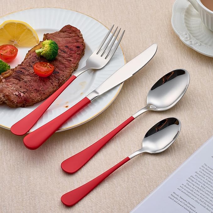 20-Piece Red Silverware Set 18/0 Stainless Steel Silverware Set Red Handle Cutlery Set Service for 4 Dinner Knives Forks Spoons Set Flatware Set Finish Dishwasher Safe