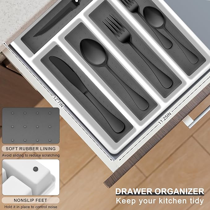 E-far Black Silverware Set with Organizer, 49-Piece Stainless Steel Flatware Cutlery Set for 8 with Tray and Steak Knives, Kitchen Metal Eating Utensils Tableware Sets, Mirror Polished & Rust Proof