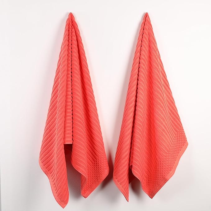 Cotton 2-Piece Solid and Ribbed Bath Sheet Set, Bath Sheets- 34" x 68", Coral by Superior