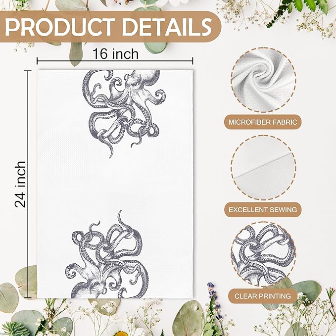 Coastal Grey Octopus Beach Decor Dish Hand Tea Towels for Bathroom Kitchen, Girly Octopus Ocean Nautical Beachy Bathroom Decor, Coastal Kitchen Towels and Dishcloths Sets of 2, 16x24 Inch