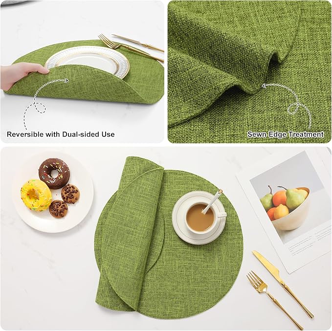 homing 15 Inch Round Cloth Placemats Set of 6, Cotton Linen Blend Washable Table Mats, Farmhouse Dining Place Mats for Indoors & Outdoors, Easy to Clean, Grass Green