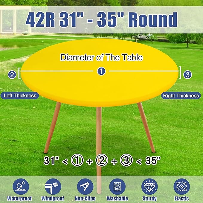 Round Spandex Tablecloth, Elastic Fitted Waterproof Tablecloths for 31"-35" Tables, Stretch Washable Picnic Table Cover for Camping, Dining, Indoor and Outdoor, Yellow