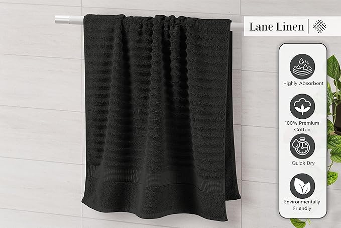 LANE LINEN 6-Piece Bath Towel Set – 100% Cotton, Quick Dry, Zero Twist, Ribbed, Luxury Towels, Includes 2 Large Bath Towels, 2 Hand Towels, 2 Washcloths, Premium Everyday Use - Black