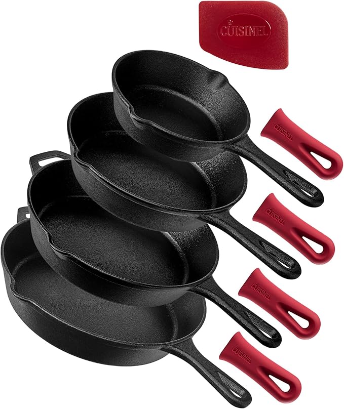 Cuisinel Cast Iron Skillets Set - 4-Piece Chef Pans - 6" + 8" + 10" + 12"-Inch + 4 Heat-Resistant Handle Holders - Pre-Seasoned Oven Safe Cookware - Indoor/Outdoor Use - Grill, Stovetop, BBQ Safe