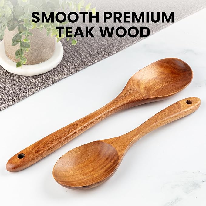 Zulay Kitchen Teak Wood Utensil Set – 2 Piece Large and Small Wooden Cooking Spoons, Handcrafted Natural Teak Wood Kitchen Utensils, Durable, Nonstick Safe & Smooth Finish