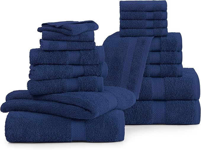 LANE LINEN 100% Ringspun Cotton Premium Turkish Bath Towel Set, 18Cs - 4 Bath Towels, 8 Washcloths, 6 Hand Towels for Bathroom - Eco Friendly & Gentle on Skin, Oeko-Tex Certified - Navy Blue