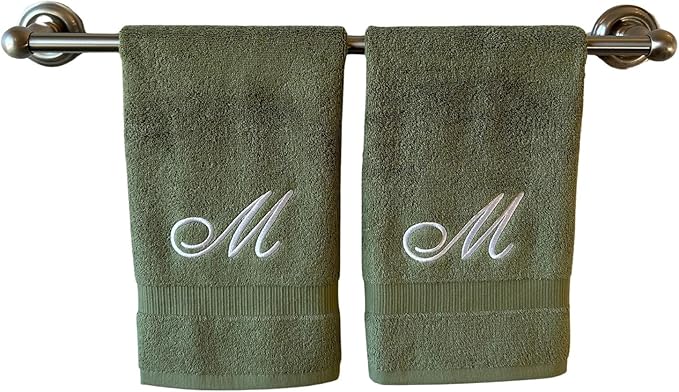 Sage Monogrammed Hand Towels for Bathroom - Luxury Hotel Quality Personalized Initial Embroidered Towel for Powder Room, Spa - GOTS Organic Certified - Set of 2 White Letter M
