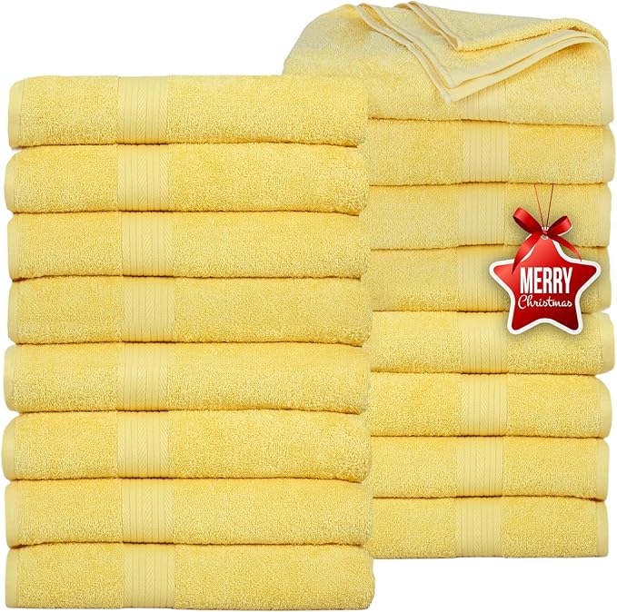 Ample Decor Bath Towels Pack of 16 600 GSM 100% Cotton, Absorbent Soft Premium Quality Machine Washable, Oeko Tex Certified, for Bathroom, Hotel, Spa, Gym, Kitchen - Yellow - 30 X 54 Inch