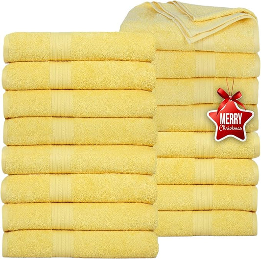 Ample Decor Bath Towels Pack of 16 600 GSM 100% Cotton, Absorbent Soft Premium Quality Machine Washable, Oeko Tex Certified, for Bathroom, Hotel, Spa, Gym, Kitchen - Yellow - 30 X 54 Inch